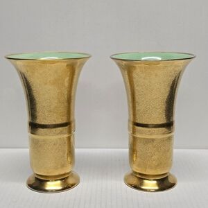 Vintage Pickard 24K Gold Encrusted Vase with Roses and Daises Green Interior 853